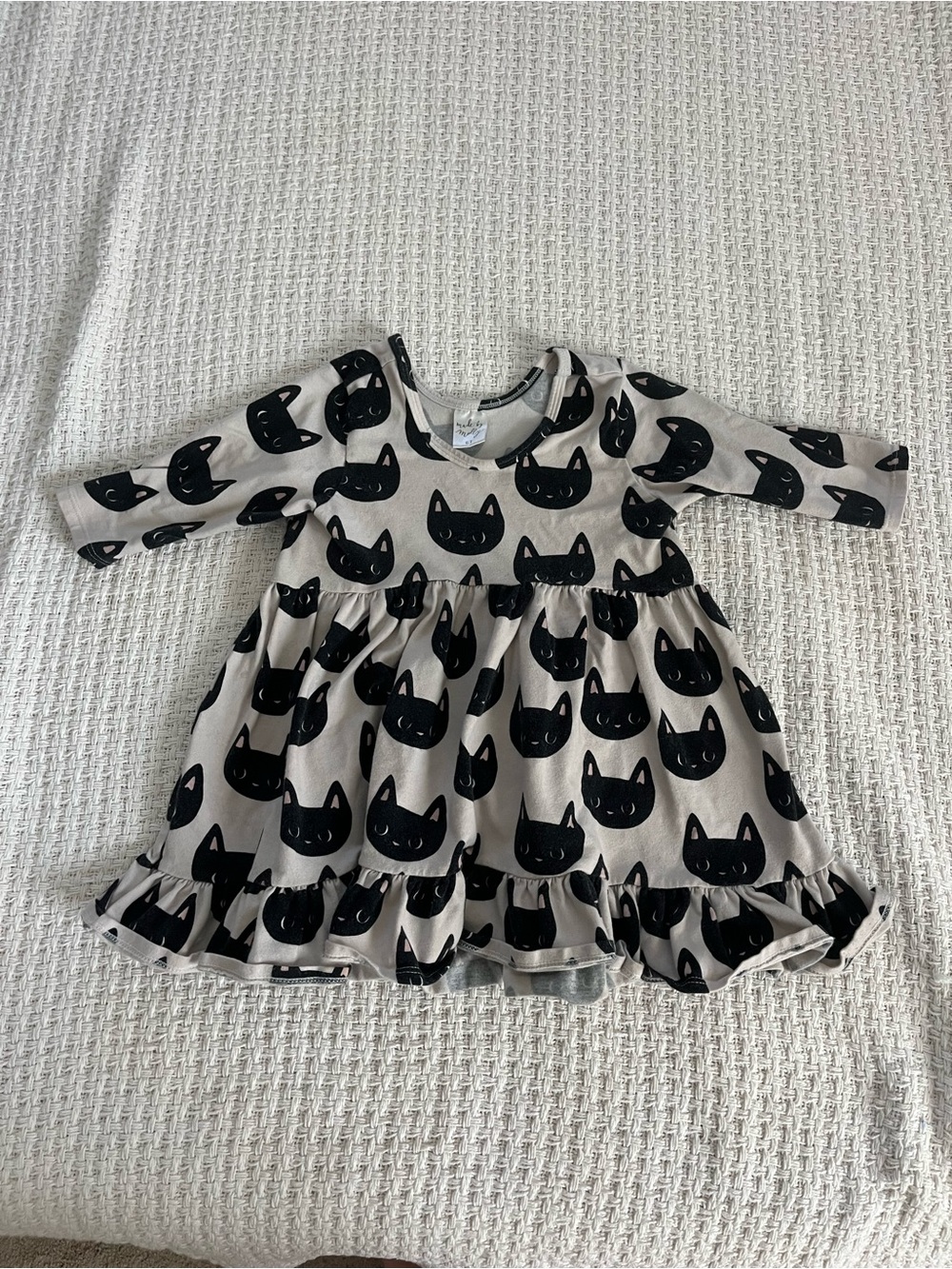 Beige Long-Sleeve Kids Dress with Black Cat Print